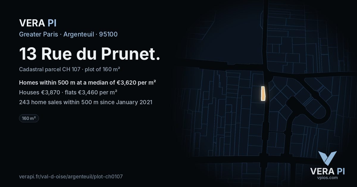 13 Rue du Prunet, Argenteuil at night – the plot lit, the parcels around coloured by the prices near them