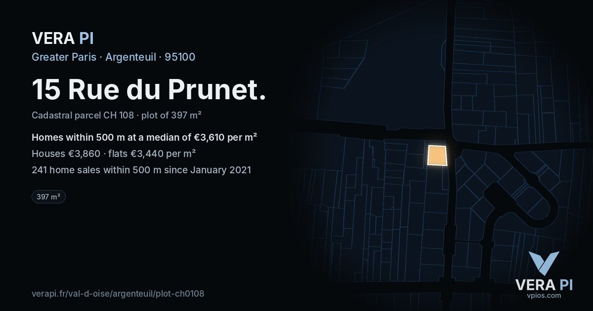15 Rue du Prunet, Argenteuil at night – the plot lit, the parcels around coloured by the prices near them