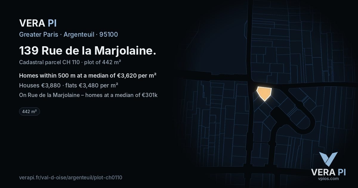 139 Rue de la Marjolaine, Argenteuil at night – the plot lit, the parcels around coloured by the prices near them