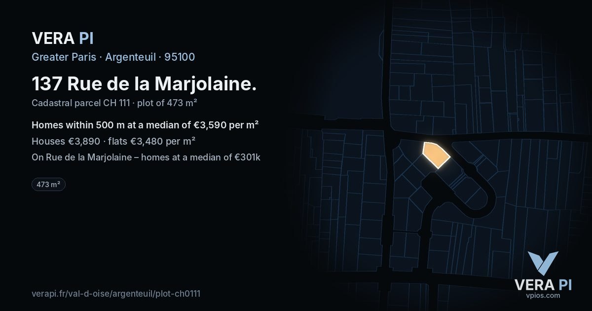 137 Rue de la Marjolaine, Argenteuil at night – the plot lit, the parcels around coloured by the prices near them