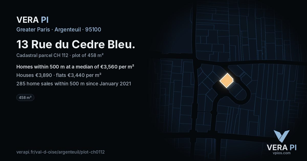 13 Rue du Cedre Bleu, Argenteuil at night – the plot lit, the parcels around coloured by the prices near them
