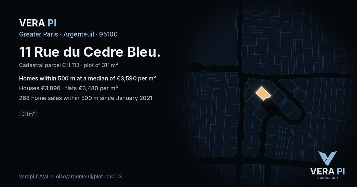 11 Rue du Cedre Bleu, Argenteuil at night – the plot lit, the parcels around coloured by the prices near them