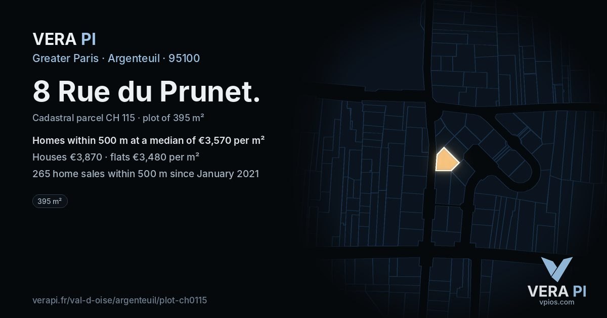 8 Rue du Prunet, Argenteuil at night – the plot lit, the parcels around coloured by the prices near them