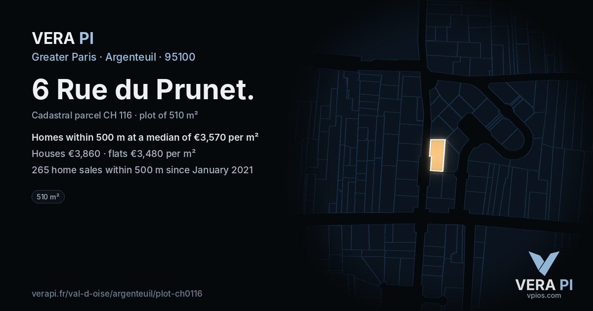 6 Rue du Prunet, Argenteuil at night – the plot lit, the parcels around coloured by the prices near them