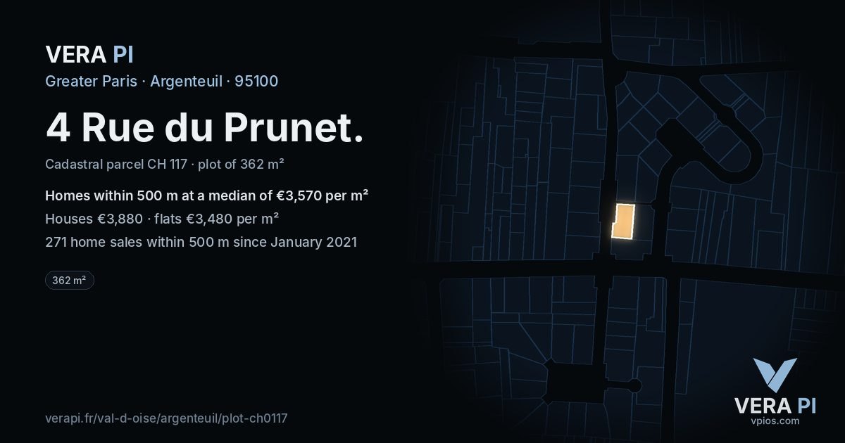 4 Rue du Prunet, Argenteuil at night – the plot lit, the parcels around coloured by the prices near them