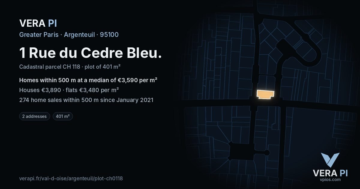 1 Rue du Cedre Bleu, Argenteuil at night – the plot lit, the parcels around coloured by the prices near them