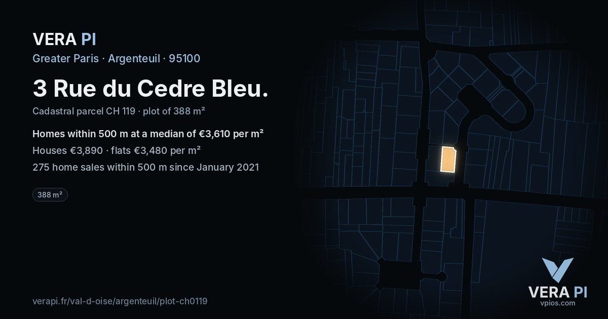 3 Rue du Cedre Bleu, Argenteuil at night – the plot lit, the parcels around coloured by the prices near them