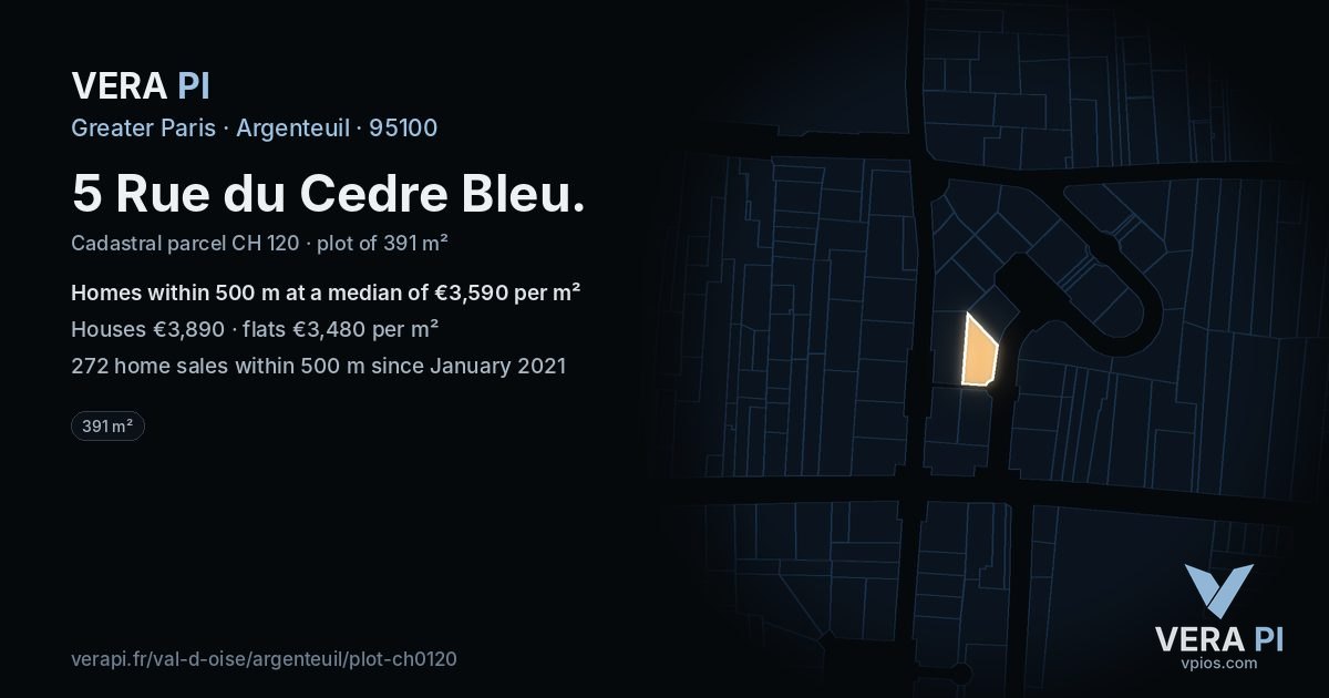 5 Rue du Cedre Bleu, Argenteuil at night – the plot lit, the parcels around coloured by the prices near them