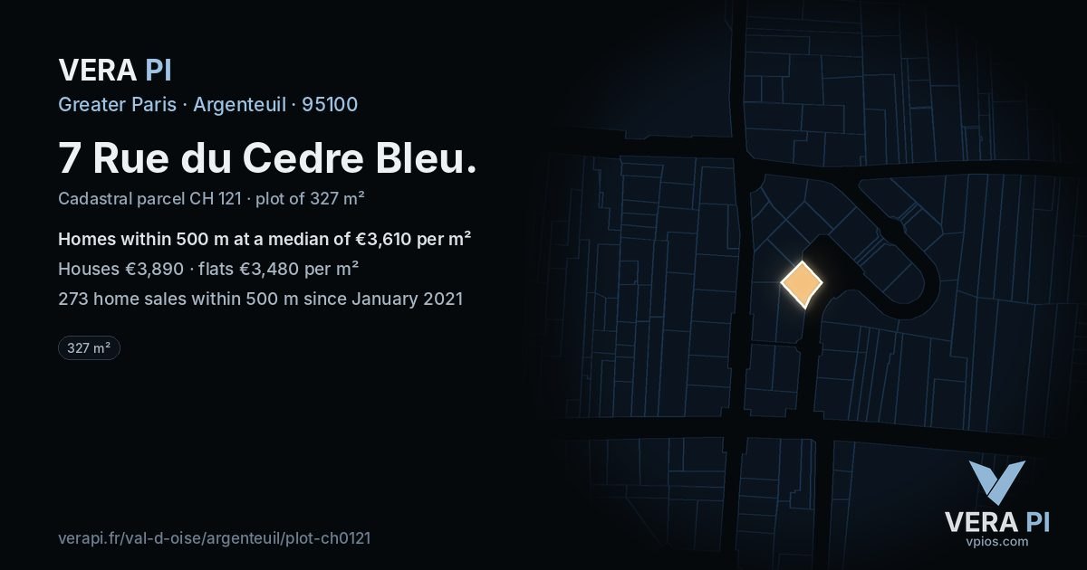 7 Rue du Cedre Bleu, Argenteuil at night – the plot lit, the parcels around coloured by the prices near them