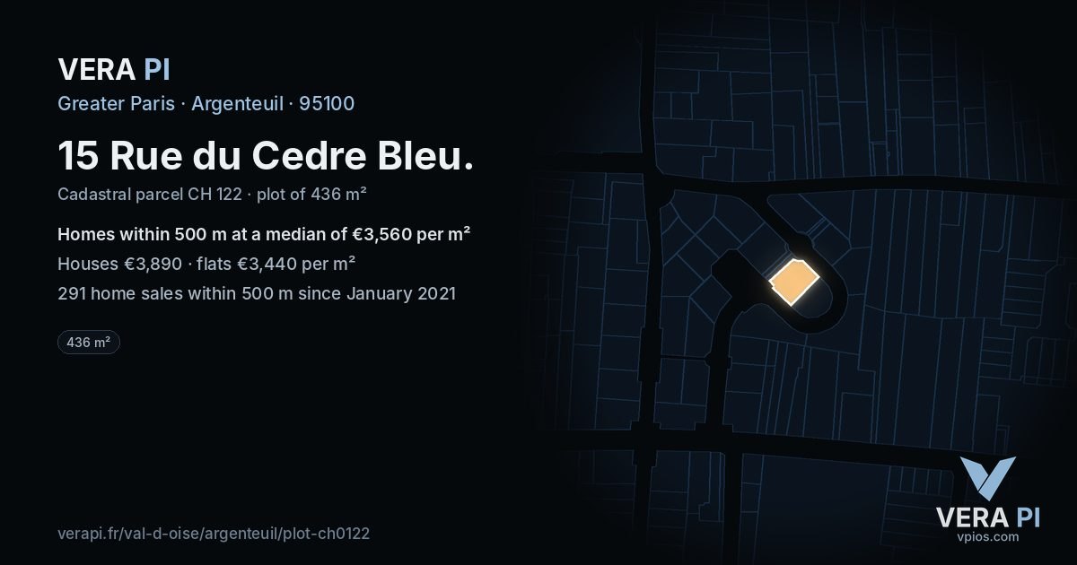 15 Rue du Cedre Bleu, Argenteuil at night – the plot lit, the parcels around coloured by the prices near them