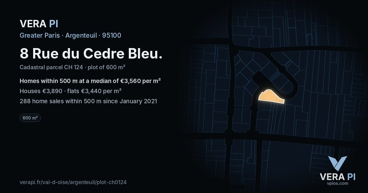 8 Rue du Cedre Bleu, Argenteuil at night – the plot lit, the parcels around coloured by the prices near them