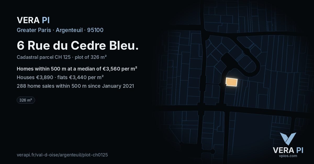 6 Rue du Cedre Bleu, Argenteuil at night – the plot lit, the parcels around coloured by the prices near them