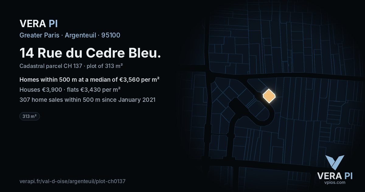 14 Rue du Cedre Bleu, Argenteuil at night – the plot lit, the parcels around coloured by the prices near them
