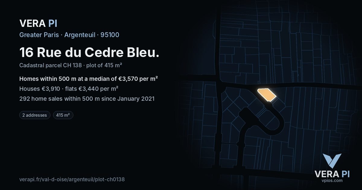16 Rue du Cedre Bleu, Argenteuil at night – the plot lit, the parcels around coloured by the prices near them