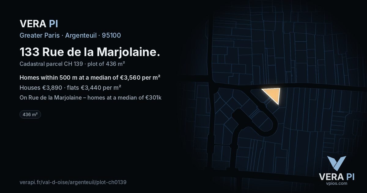 133 Rue de la Marjolaine, Argenteuil at night – the plot lit, the parcels around coloured by the prices near them