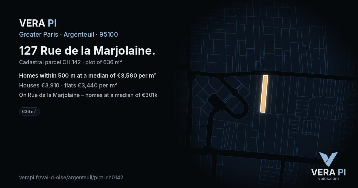 127 Rue de la Marjolaine, Argenteuil at night – the plot lit, the parcels around coloured by the prices near them