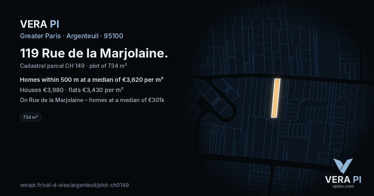 119 Rue de la Marjolaine, Argenteuil at night – the plot lit, the parcels around coloured by the prices near them
