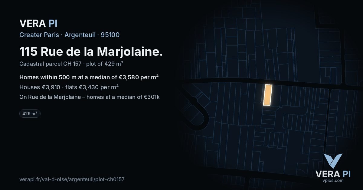 115 Rue de la Marjolaine, Argenteuil at night – the plot lit, the parcels around coloured by the prices near them