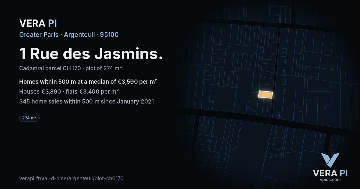 1 Rue des Jasmins, Argenteuil at night – the plot lit, the parcels around coloured by the prices near them