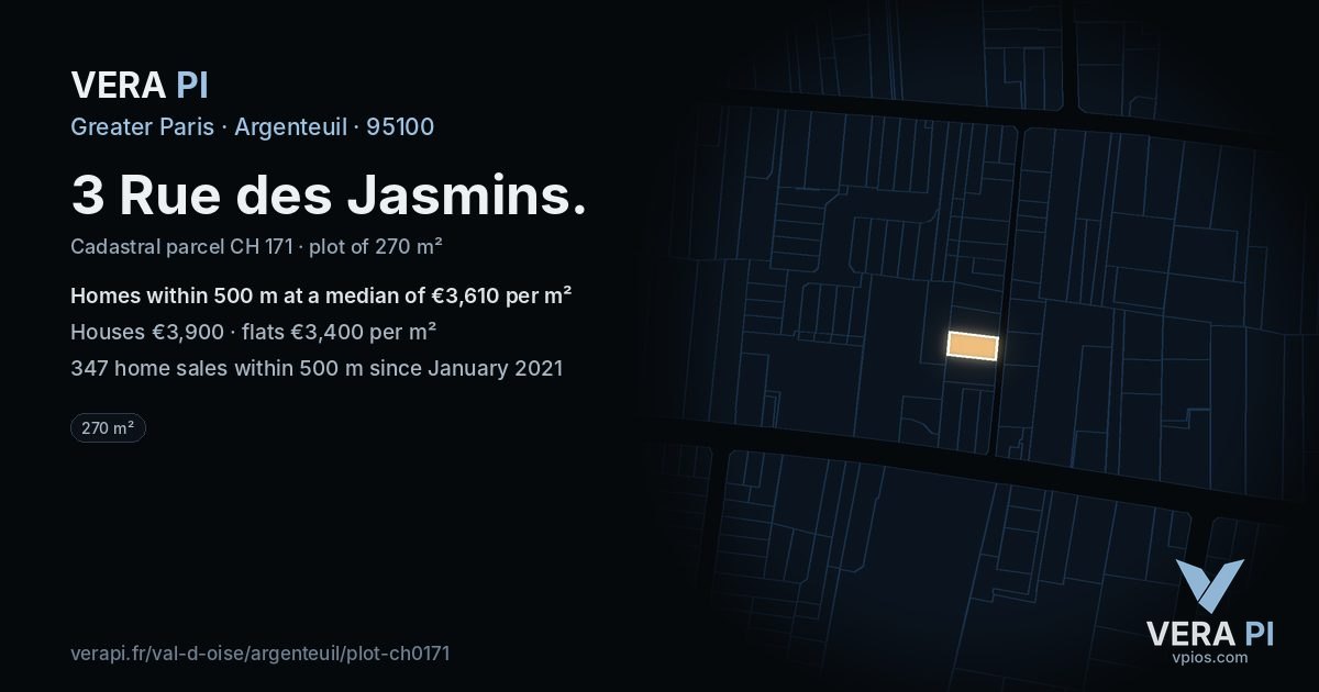 3 Rue des Jasmins, Argenteuil at night – the plot lit, the parcels around coloured by the prices near them
