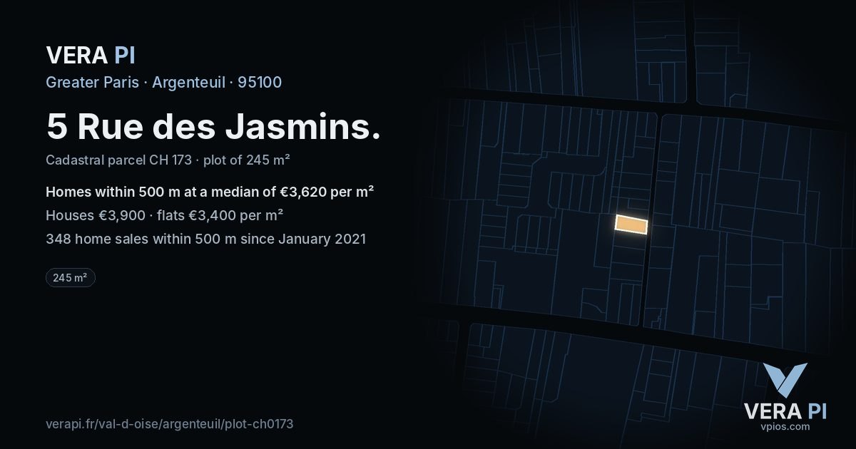 5 Rue des Jasmins, Argenteuil at night – the plot lit, the parcels around coloured by the prices near them
