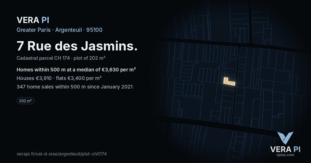 7 Rue des Jasmins, Argenteuil at night – the plot lit, the parcels around coloured by the prices near them