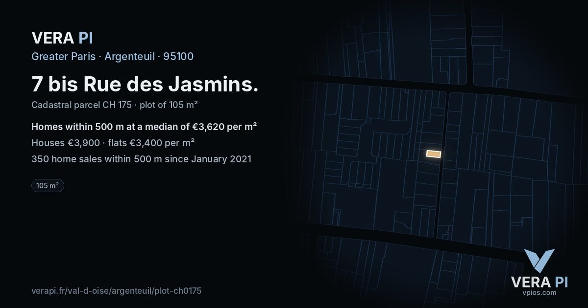 7 bis Rue des Jasmins, Argenteuil at night – the plot lit, the parcels around coloured by the prices near them