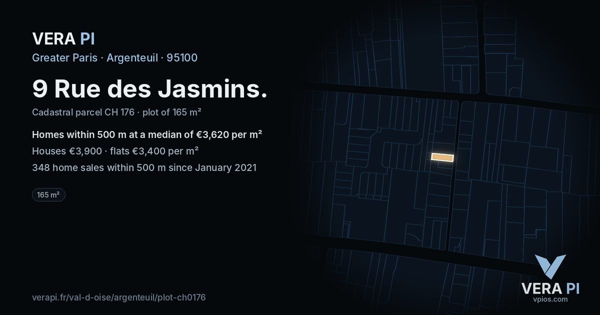9 Rue des Jasmins, Argenteuil at night – the plot lit, the parcels around coloured by the prices near them