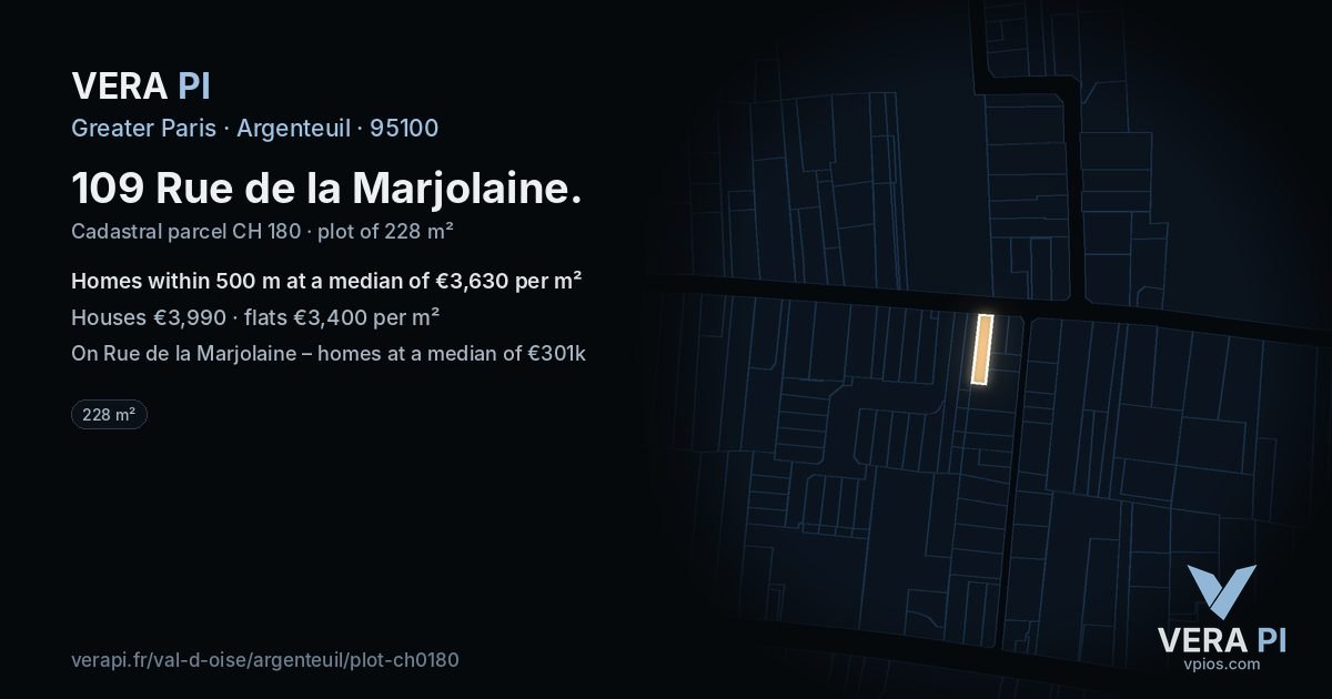 109 Rue de la Marjolaine, Argenteuil at night – the plot lit, the parcels around coloured by the prices near them