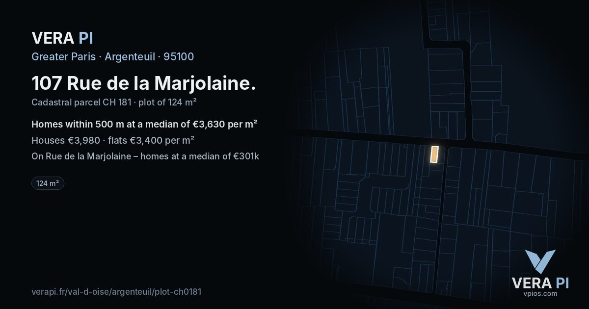 107 Rue de la Marjolaine, Argenteuil at night – the plot lit, the parcels around coloured by the prices near them