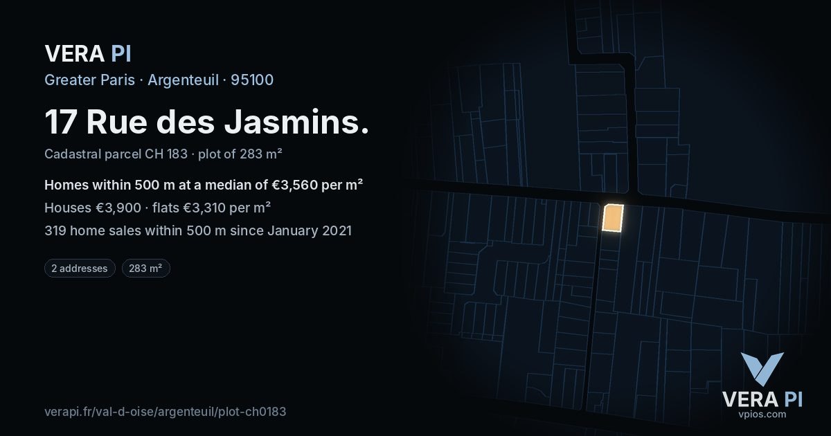 17 Rue des Jasmins, Argenteuil at night – the plot lit, the parcels around coloured by the prices near them