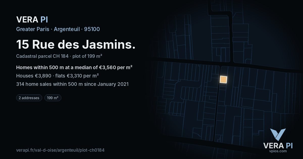 15 Rue des Jasmins, Argenteuil at night – the plot lit, the parcels around coloured by the prices near them