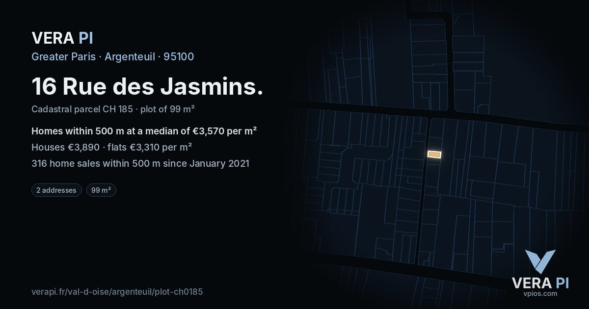 16 Rue des Jasmins, Argenteuil at night – the plot lit, the parcels around coloured by the prices near them