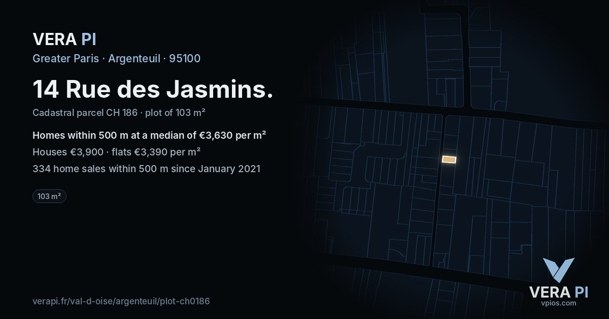 14 Rue des Jasmins, Argenteuil at night – the plot lit, the parcels around coloured by the prices near them