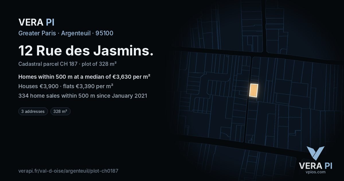 12 Rue des Jasmins, Argenteuil at night – the plot lit, the parcels around coloured by the prices near them