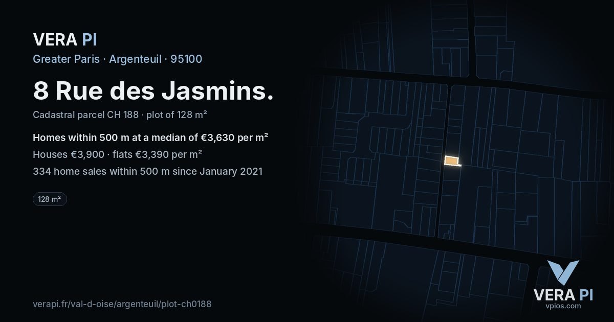 8 Rue des Jasmins, Argenteuil at night – the plot lit, the parcels around coloured by the prices near them