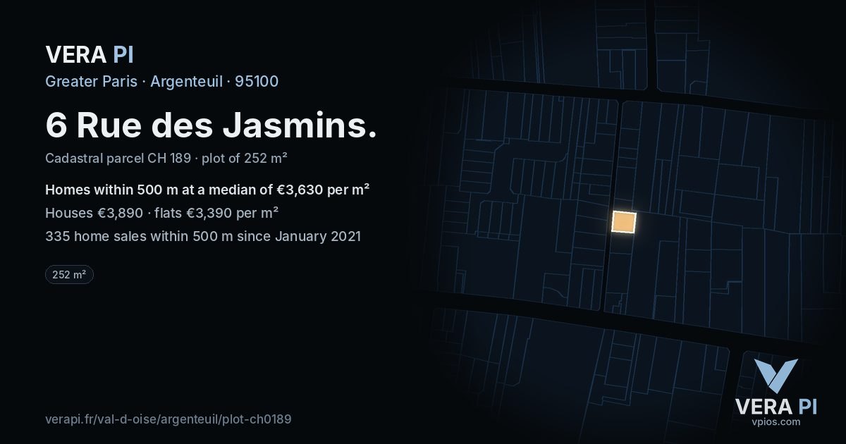 6 Rue des Jasmins, Argenteuil at night – the plot lit, the parcels around coloured by the prices near them
