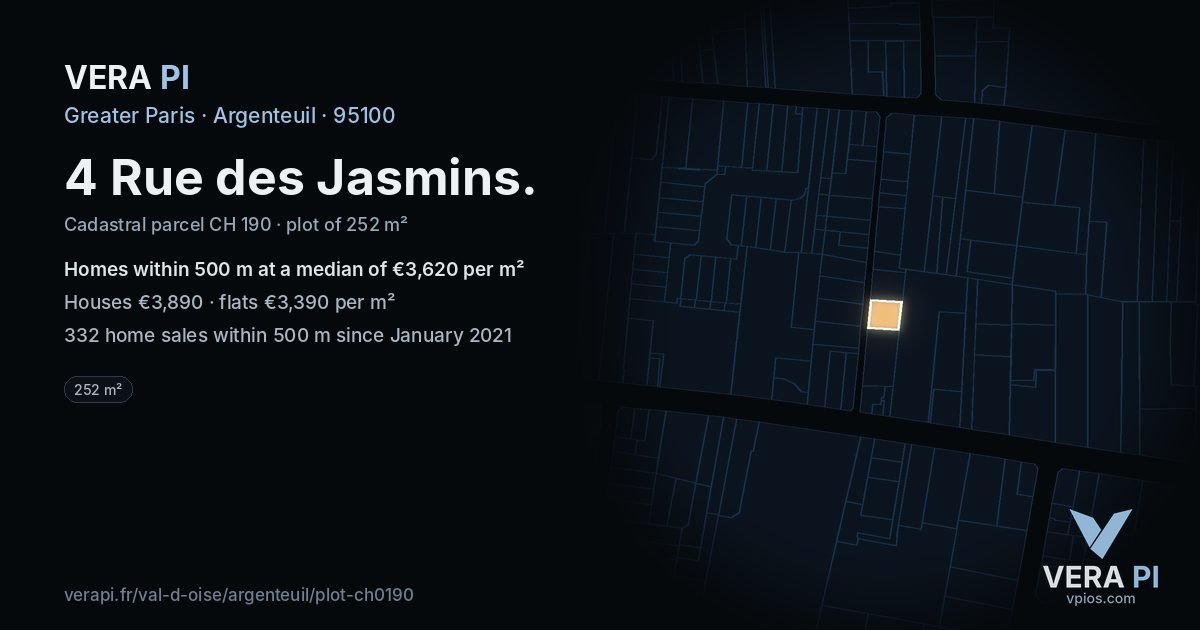 4 Rue des Jasmins, Argenteuil at night – the plot lit, the parcels around coloured by the prices near them