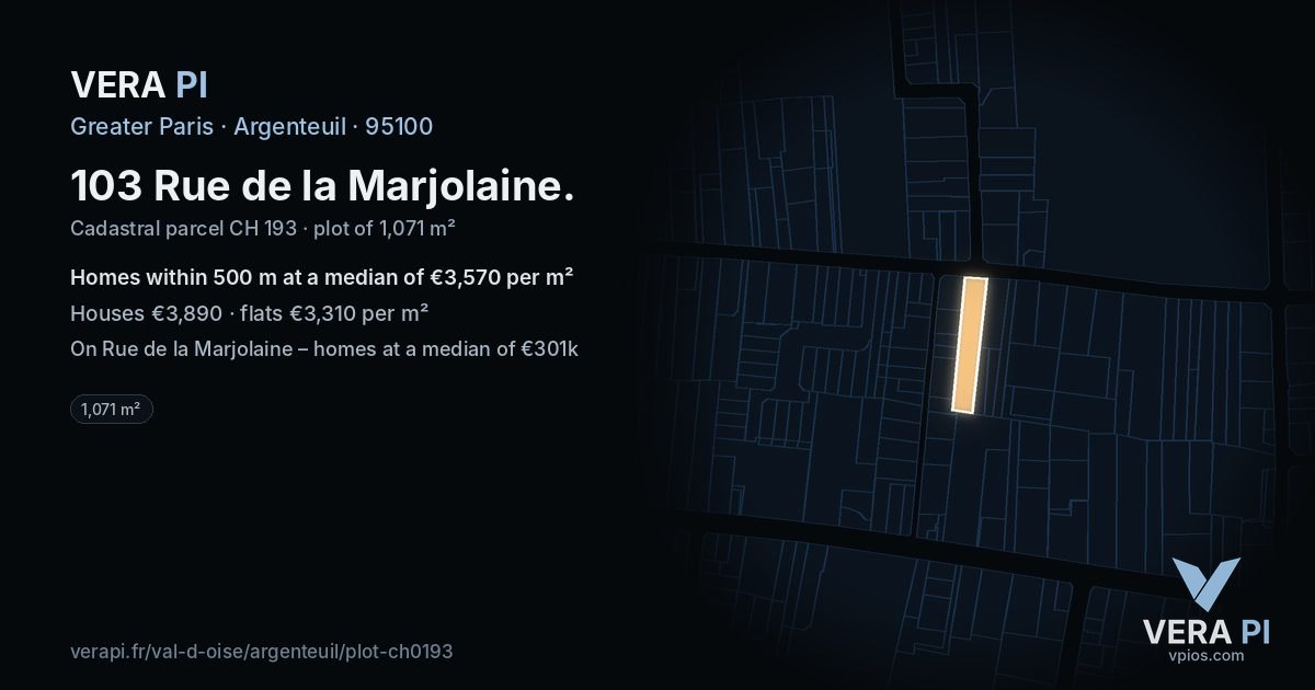 103 Rue de la Marjolaine, Argenteuil at night – the plot lit, the parcels around coloured by the prices near them