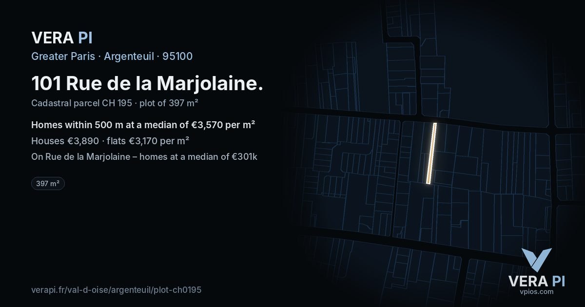 101 Rue de la Marjolaine, Argenteuil at night – the plot lit, the parcels around coloured by the prices near them