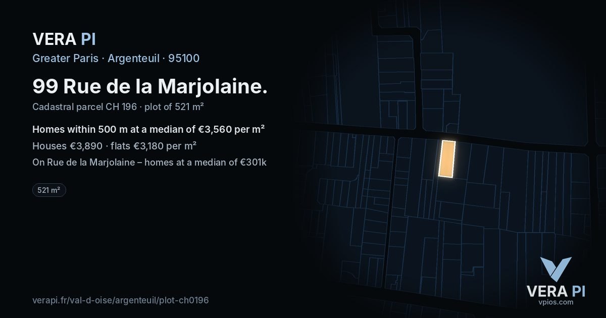 99 Rue de la Marjolaine, Argenteuil at night – the plot lit, the parcels around coloured by the prices near them