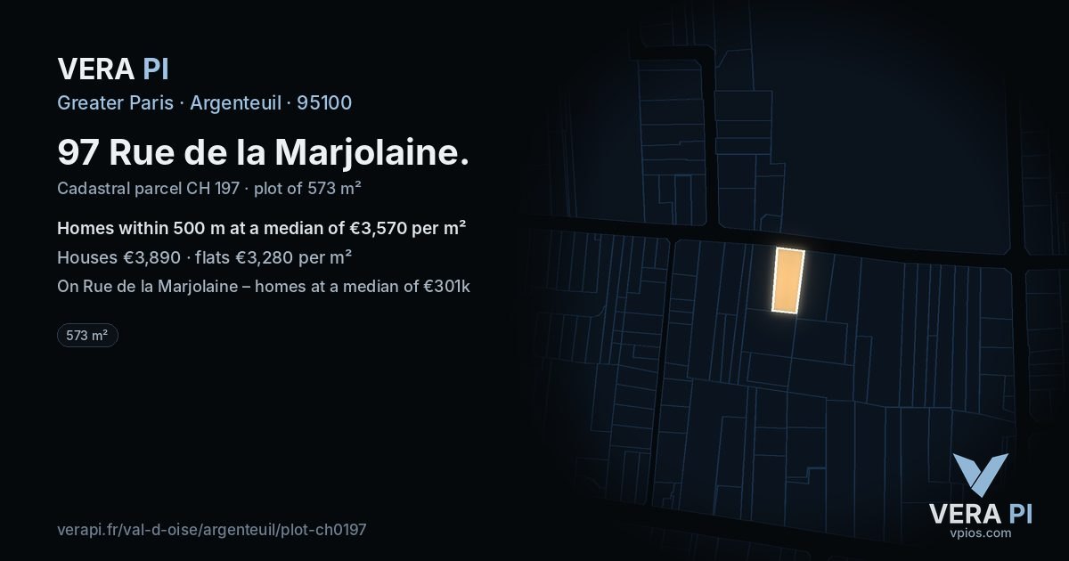 97 Rue de la Marjolaine, Argenteuil at night – the plot lit, the parcels around coloured by the prices near them