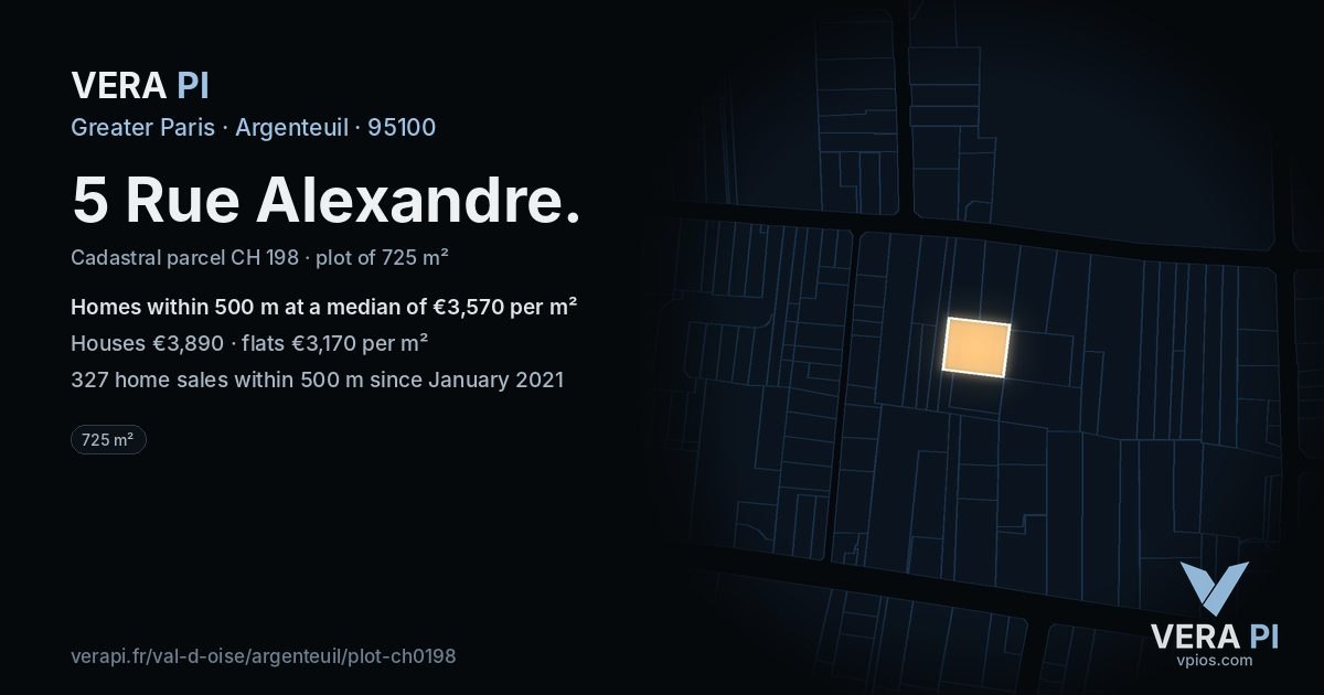 5 Rue Alexandre, Argenteuil at night – the plot lit, the parcels around coloured by the prices near them