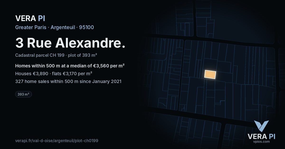 3 Rue Alexandre, Argenteuil at night – the plot lit, the parcels around coloured by the prices near them