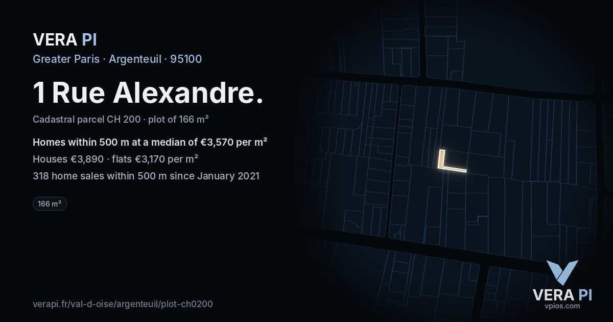 1 Rue Alexandre, Argenteuil at night – the plot lit, the parcels around coloured by the prices near them