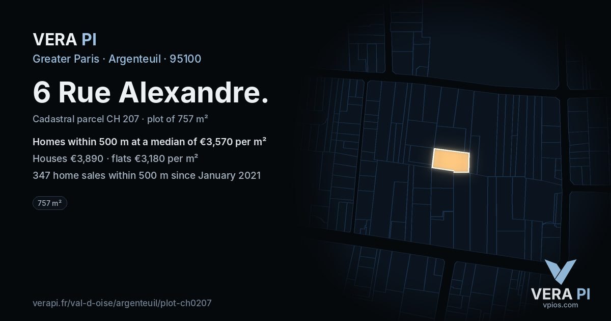 6 Rue Alexandre, Argenteuil at night – the plot lit, the parcels around coloured by the prices near them