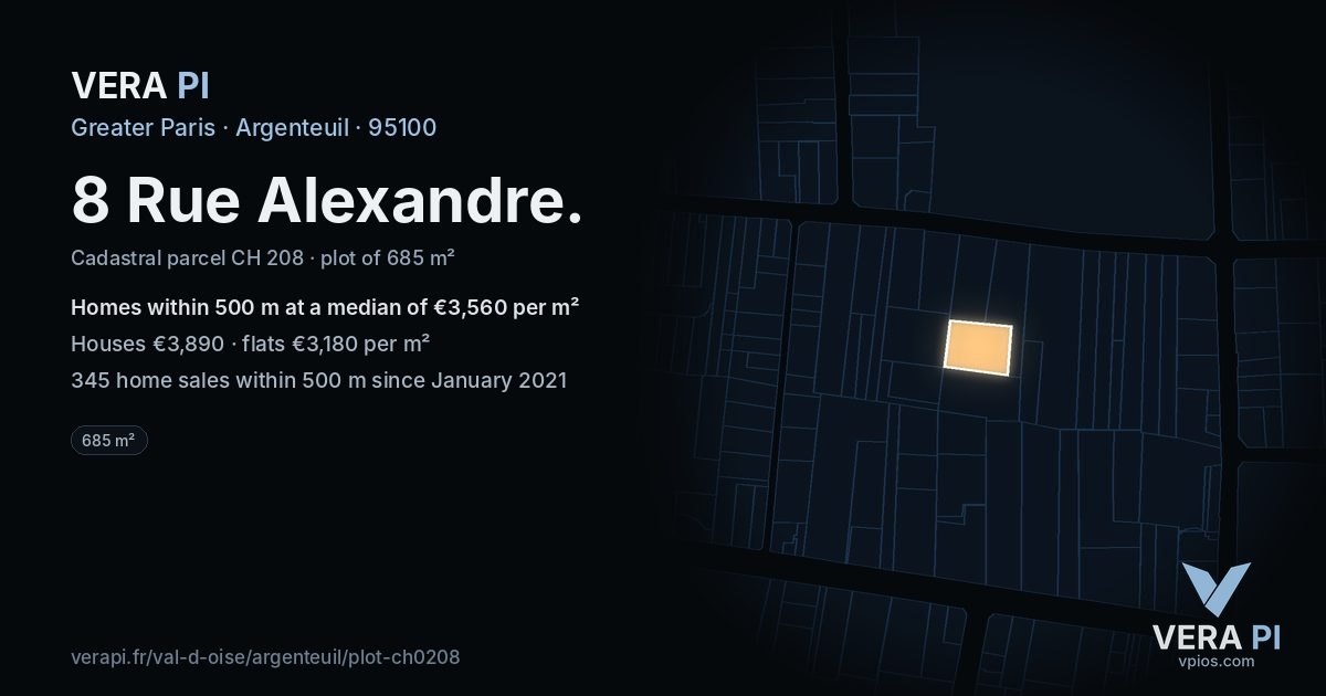 8 Rue Alexandre, Argenteuil at night – the plot lit, the parcels around coloured by the prices near them