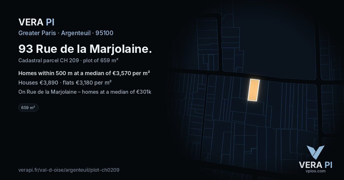 93 Rue de la Marjolaine, Argenteuil at night – the plot lit, the parcels around coloured by the prices near them