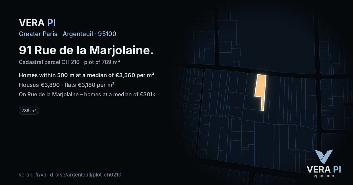 91 Rue de la Marjolaine, Argenteuil at night – the plot lit, the parcels around coloured by the prices near them