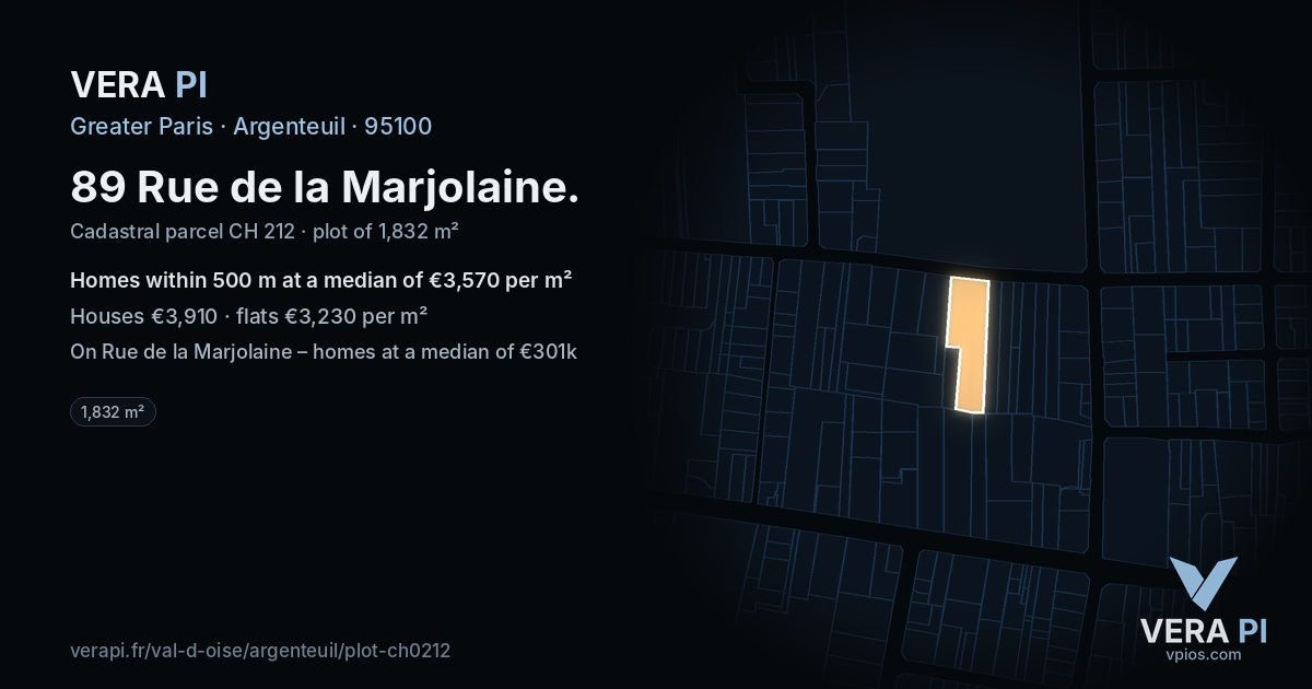 89 Rue de la Marjolaine, Argenteuil at night – the plot lit, the parcels around coloured by the prices near them